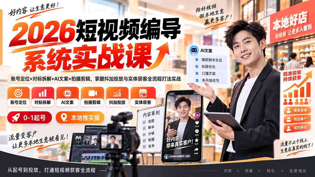(20305期)2026短视频编导系统实战课:账号定位+对标拆解+AI文案+拍摄剪辑,掌握抖加投放与实体获客全流程打法实战-知创网