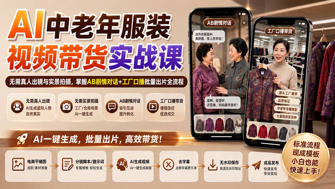 （20198期）AI中老年服装视频带货实战课：无需真人出镜与实景拍摄，掌握AB剧情对话+工厂口播批量出片全流程-知创网