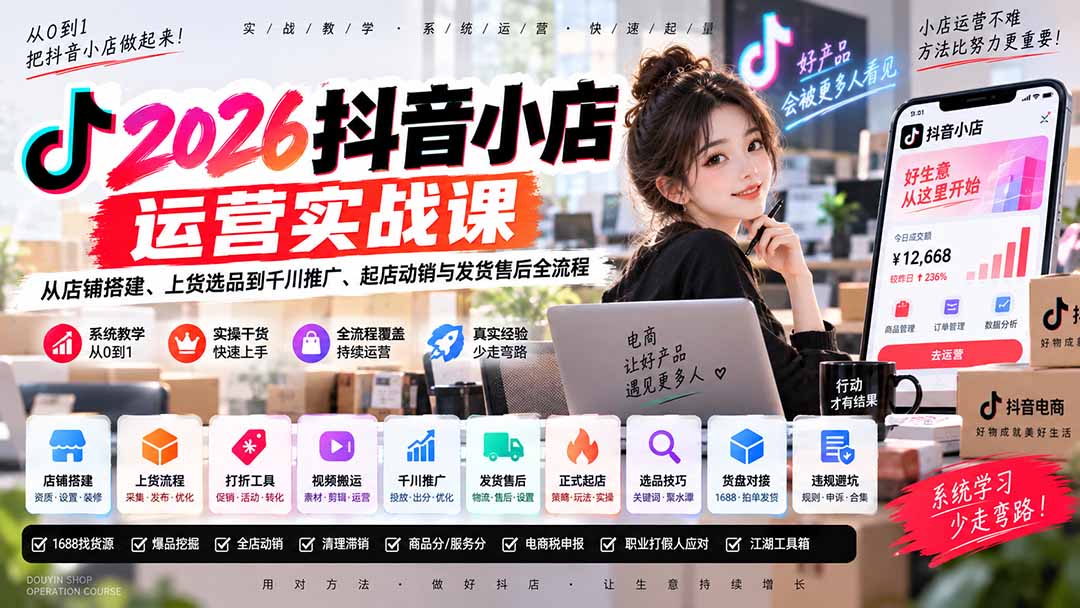 （20568期）2026抖音小店运营实战课｜从店铺搭建、上货选品到千川推广、起店动销与发货售后全流程-知创网