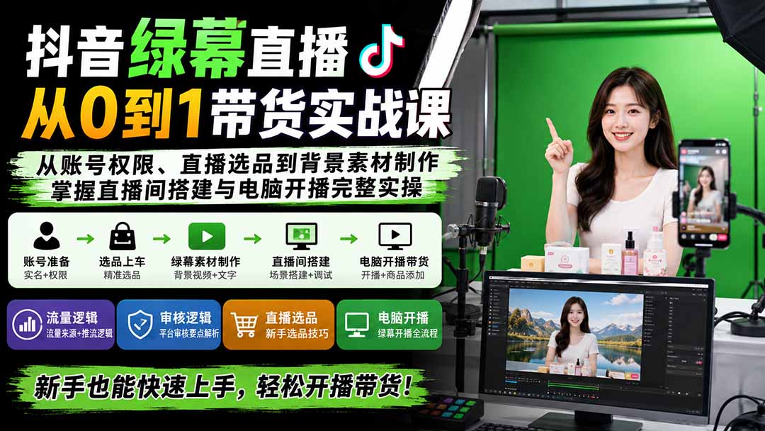 （20224期）抖音绿幕直播从0到1带货实战课：从账号权限、直播选品到背景素材制作，掌握直播间搭建与电脑开播完整实操-知创网