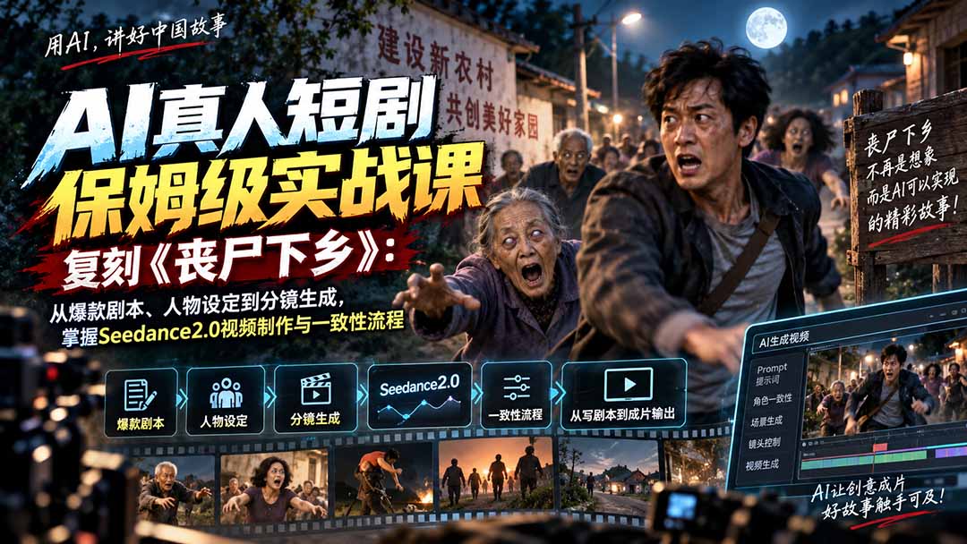 （20359期）AI真人短剧保姆级实战课，复刻《丧尸下乡》：从爆款剧本、人物设定到分镜生成，掌握Seedance2.0视频制作与一致性流程-知创网