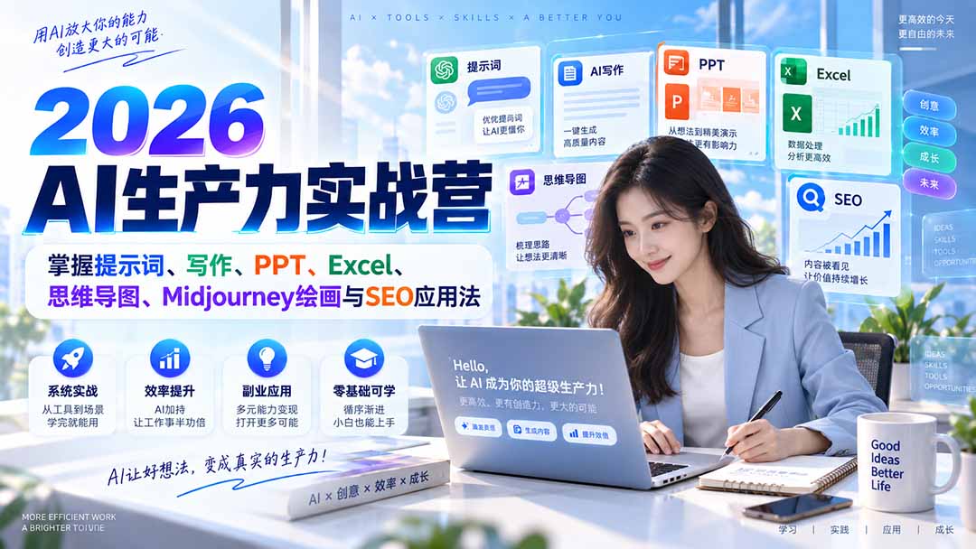 (20307期)2026AI生产力实战营:掌握提示词、写作、PPT、Excel、思维导图、Midjourney绘画与SEO应用法-知创网
