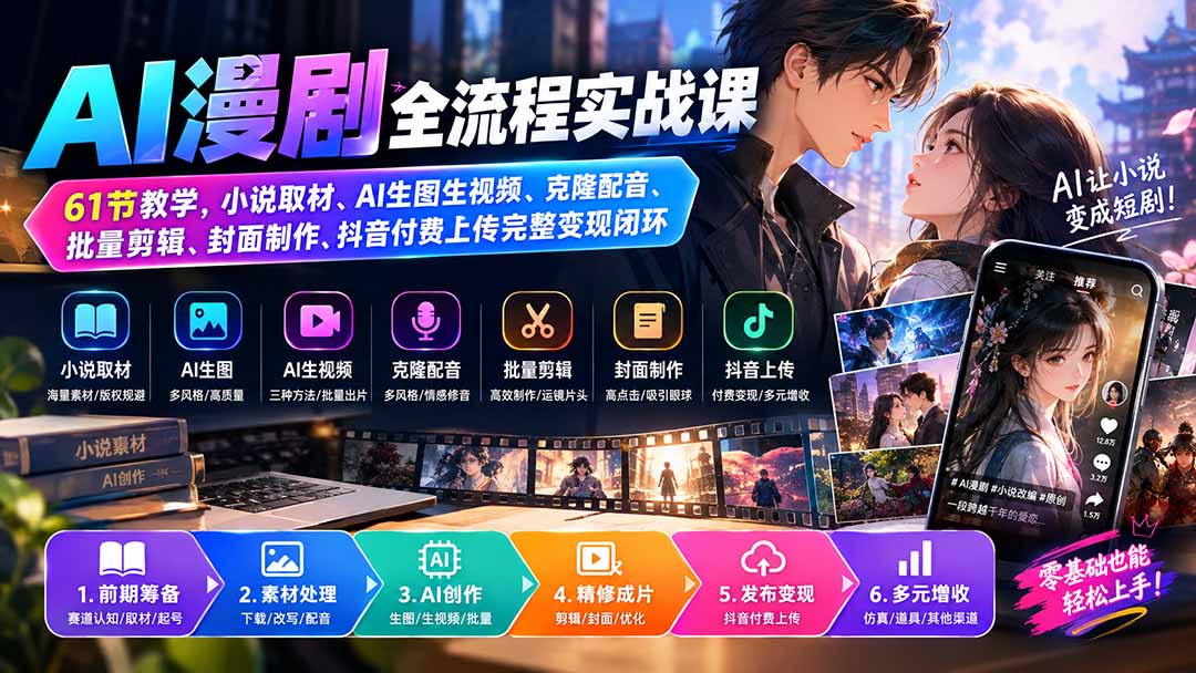 （20199期）AI漫剧全流程实战课｜61节教学，小说取材、AI生图生视频、克隆配音、批量剪辑、封面制作、抖音付费上传完整变现闭环-知创网