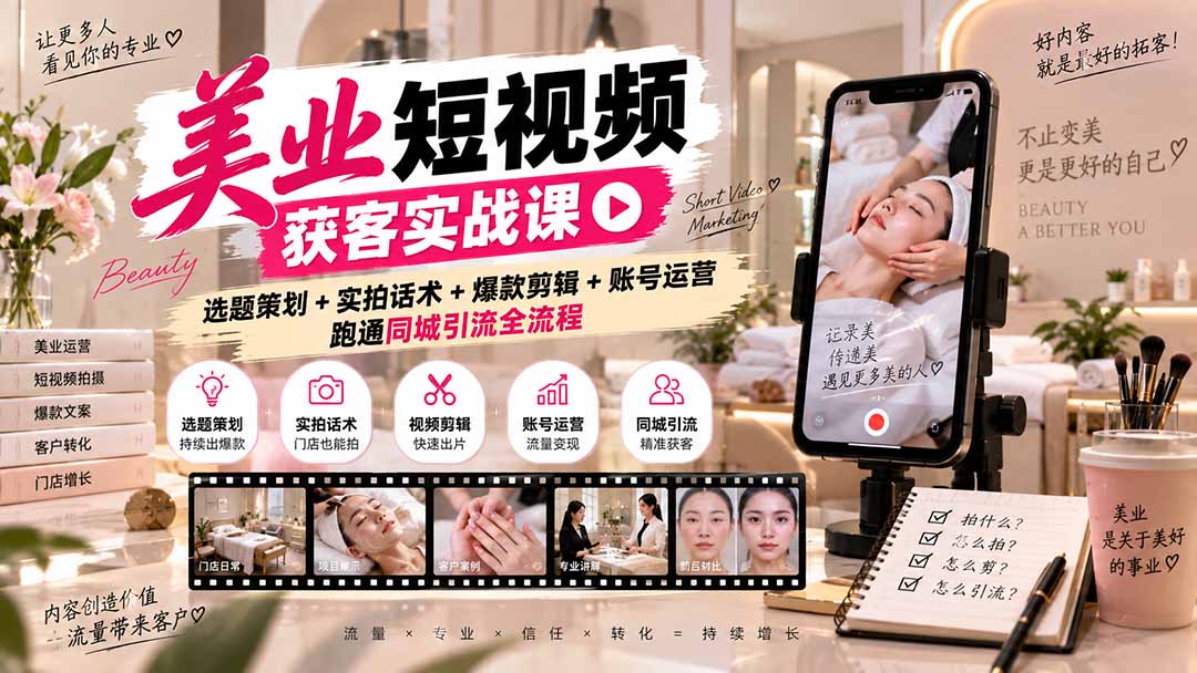 （20586期）美业短视频获客实战课-无水印：选题策划+实拍话术+爆款剪辑+账号运营，跑通同城引流全流程-知创网
