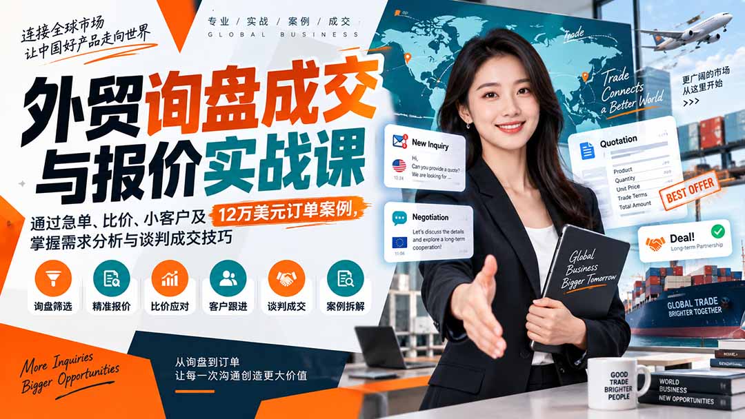（20424期）外贸询盘成交与报价实战课：通过急单、比价、小客户及12万美元订单案例，掌握需求分析与谈判成交技巧-知创网