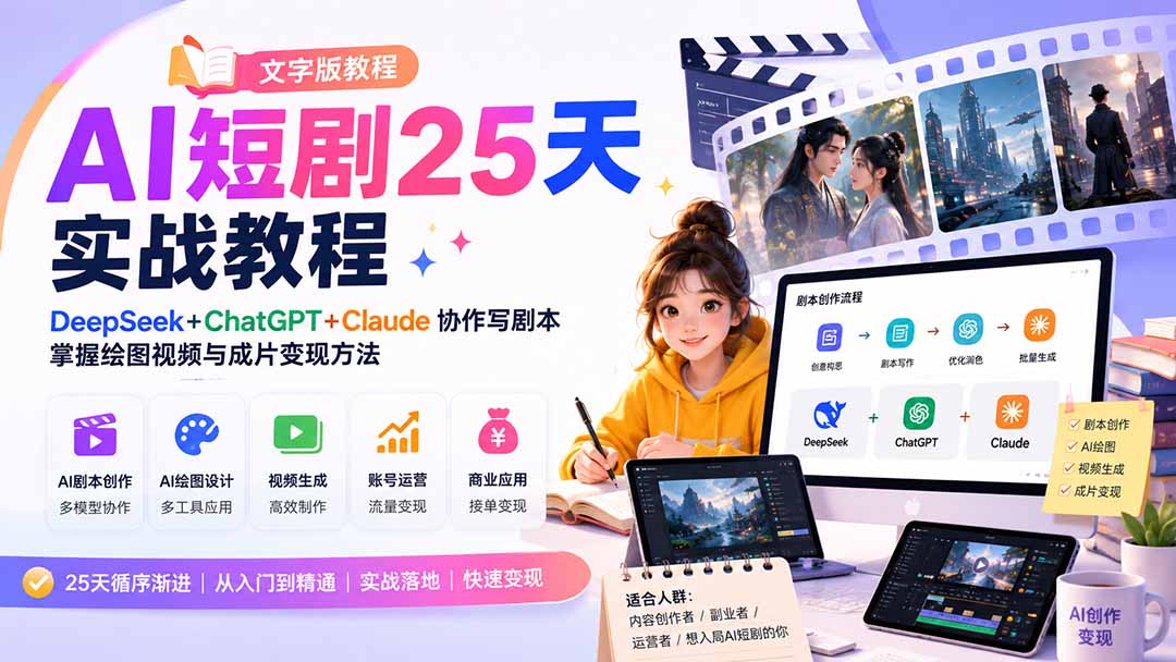 （20225期）AI短剧25天实战教程（文字版教程）：DeepSeek+ChatGPT+Claude协作写剧本，掌握绘图视频与成片变现方法-知创网