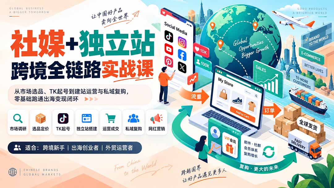 (20361期)社媒+独立站跨境全链路实战课:从市场选品、TK起号到建站运营与私域复购,零基础跑通出海变现闭环-知创网