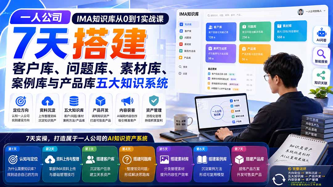 （20191期）一人公司IMA知识库从0到1实战课：7天搭建客户库、问题库、素材库、案例库与产品库五大知识系统-知创网
