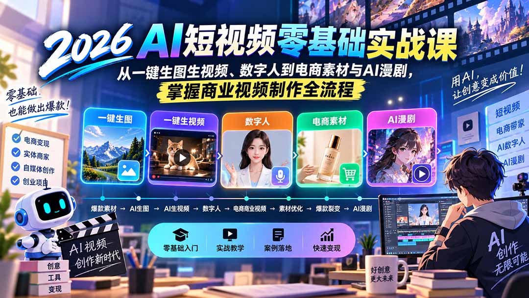 （20263期）2026AI短视频零基础实战课：从一键生图生视频、数字人到电商素材与AI漫剧，掌握商业视频制作全流程-知创网