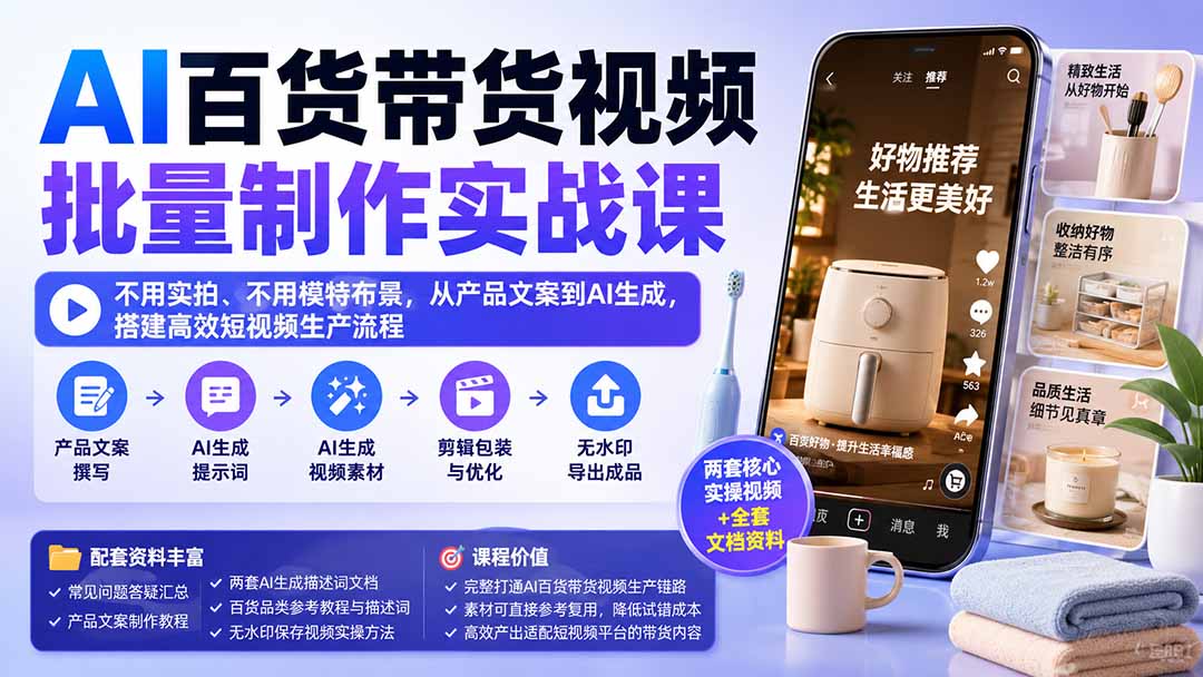 （20179期）AI百货带货视频批量制作实战课：不用实拍、不用模特布景，从产品文案到AI生成，搭建高效短视频生产流程-知创网