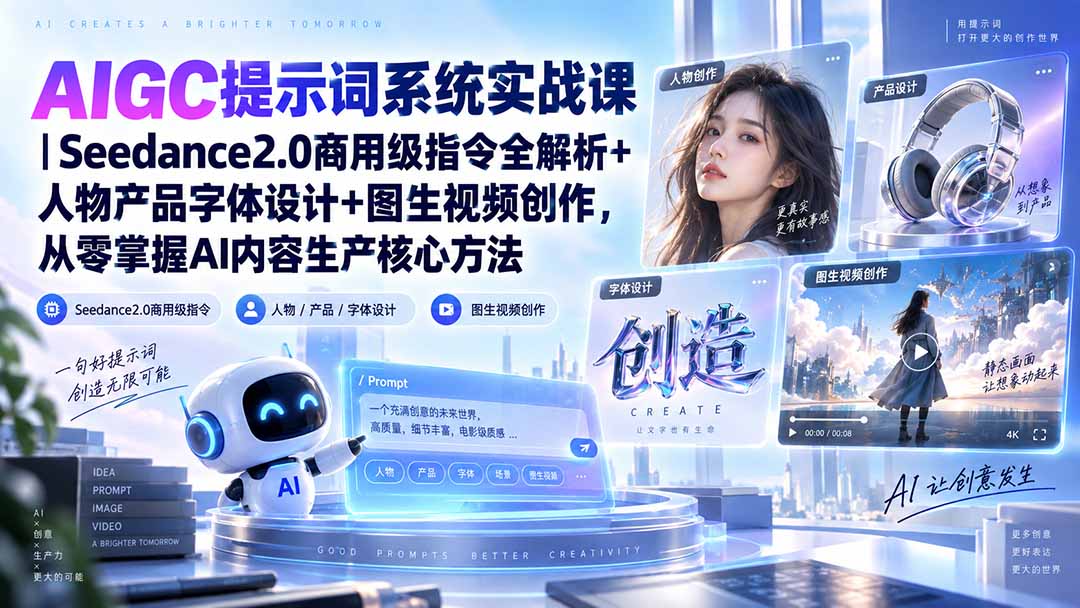 （20559期）AIGC提示词系统实战课-无水印｜Seedance2.0商用级指令全解析+人物产品字体设计+图生视频创作，掌握AI内容生产方法-知创网