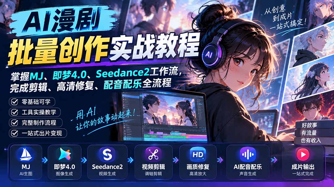 （20488期）AI漫剧批量创作实战教程：掌握MJ、即梦4.0、Seedance2工作流，完成剪辑、高清修复、配音配乐全流程-知创网