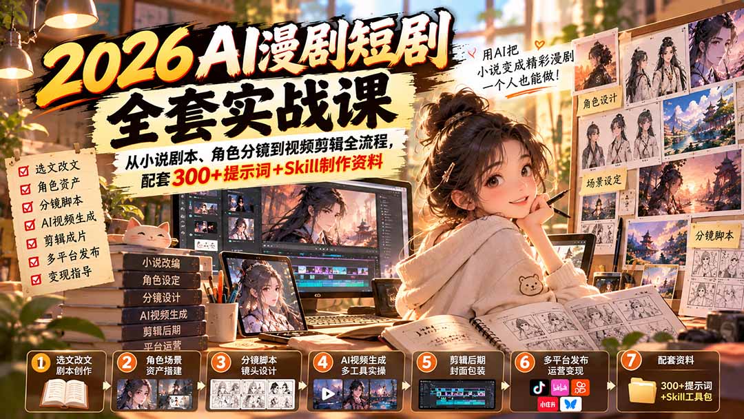 （20629期）2026AI漫剧短剧全套实战课：从小说剧本、角色分镜到视频剪辑全流程，配套300+提示词+Skill制作资料-知创网