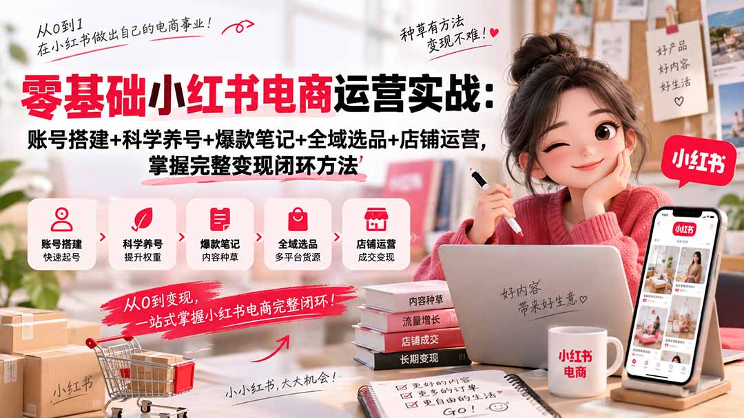 （20467期）零基础小红书电商运营实战：账号搭建+科学养号+爆款笔记+全域选品+店铺运营，掌握完整变现闭环方法-知创网