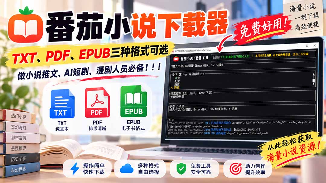 （20529期）番茄小说下载器，TXT、PDF、EPUB三种格式可选，做小说推文、AI短剧、漫剧人员必备！-知创网