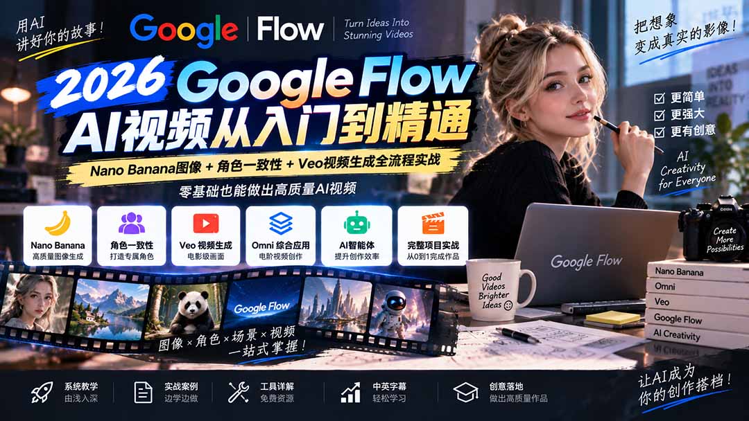 （20608期）【无水印】Google Flow AI视频从入门到精通：Nano Banana图像+角色一致性+Veo视频生成全流程实战-精翻中英字幕-知创网