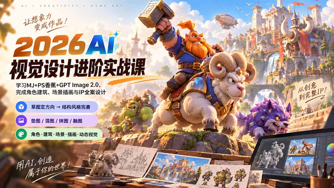 （20425期）2026AI视觉设计进阶实战课-更新：学习MJ+PS香蕉+GPT Image 2.0，完成角色建筑、场景插画与IP全案设计-知创网