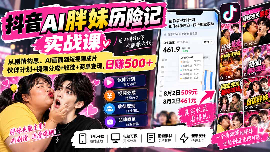 （20489期）抖音AI胖妹历险记实战课：从剧情构思、AI画面到短视频成片，伙伴计划+视频分成+收徒+商单变现，日赚500+-知创网