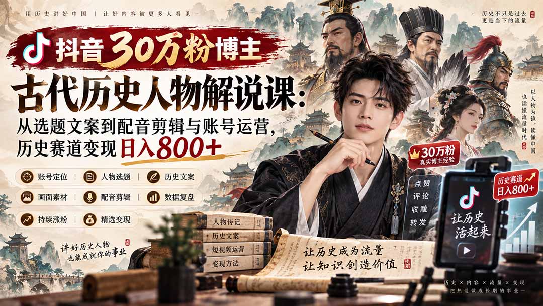 （20441期）抖音30万粉博主古代历史人物解说课：从选题文案到配音剪辑与账号运营，历史赛道变现日入800+-知创网