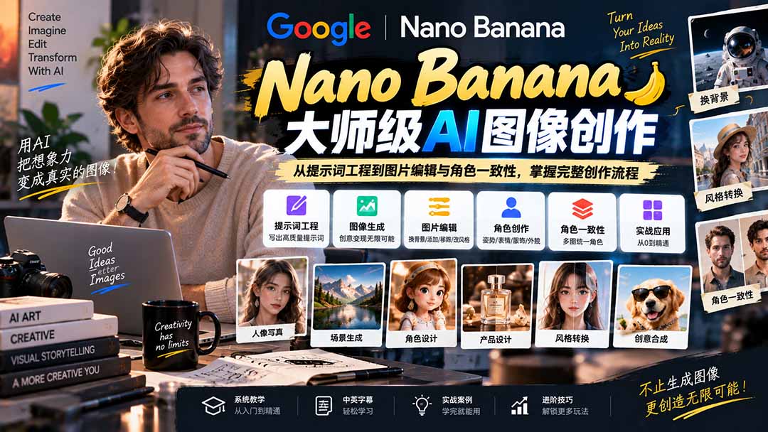 （20609期）【无水印】Nano Banana大师级AI图像实战课：从提示词工程到图片编辑与角色一致性，掌握完整创作流程-知创网
