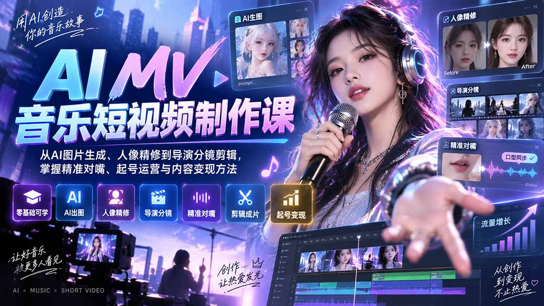 (20364期)AI MV音乐短视频制作课:从AI图片生成、人像精修到导演分镜剪辑,掌握精准对嘴、起号运营与内容变现方法-知创网