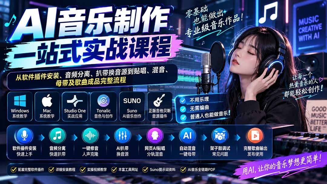 （20490期）AI音乐制作一站式实战课程：从软件插件安装、音频分离、扒带换音源到贴唱、混音、母带及歌曲成品完整流程-知创网