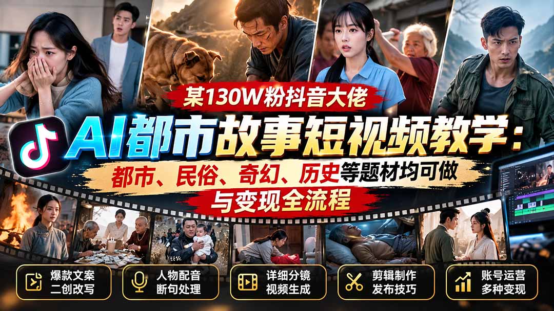 （20692期）某130W粉抖音大佬AI都市故事短视频教学：都市、民俗、奇幻、历史等题材均可做与变现全流程-知创网