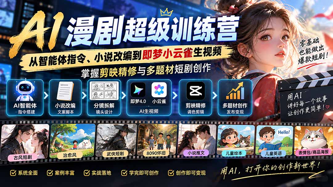 （20491期）AI漫剧超级特训营：从智能体指令、小说改编到即梦小云雀生视频，掌握剪映精修与多题材短剧创作-知创网