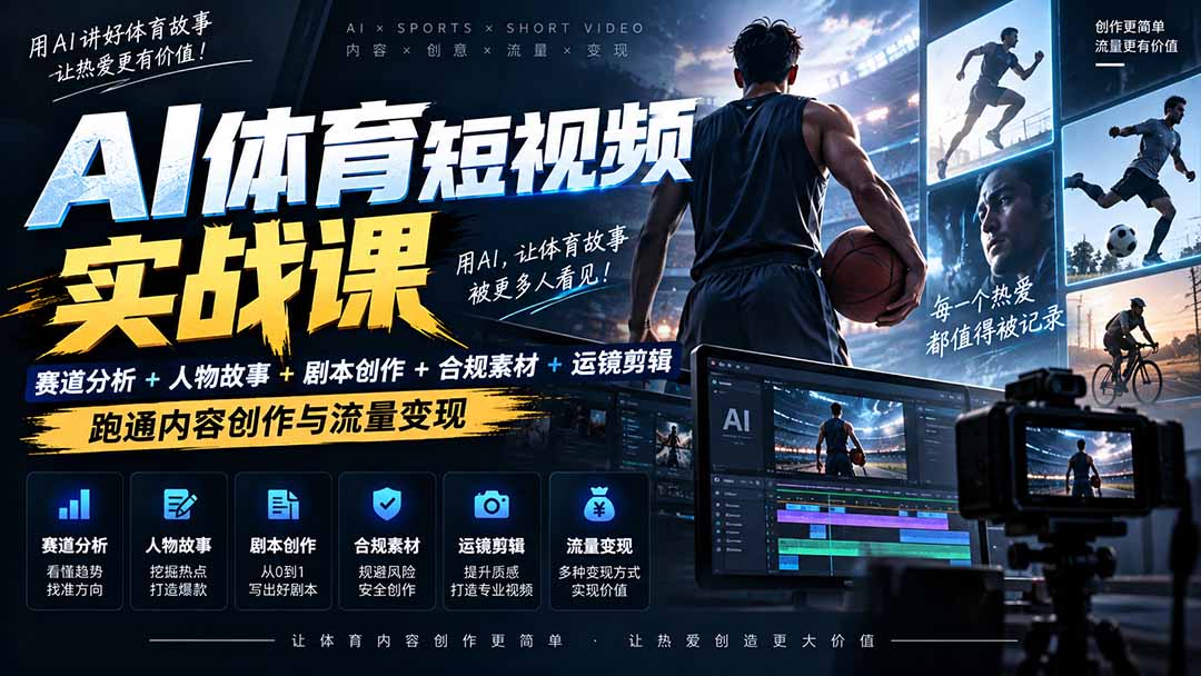 （20515期）AI体育短视频赛道顶级玩法｜赛道分析+人物故事+剧本创作+版权处理+运镜剪辑，跑通流量变现-日赚1K+-知创网