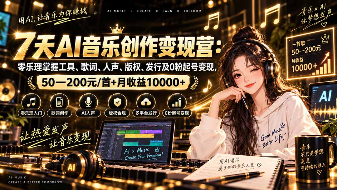 （20442期）AI音乐创作变现营：零乐理掌握工具、歌词、人声、版权、发行及0粉起号变现，50—200元/首+月收益10000+-知创网