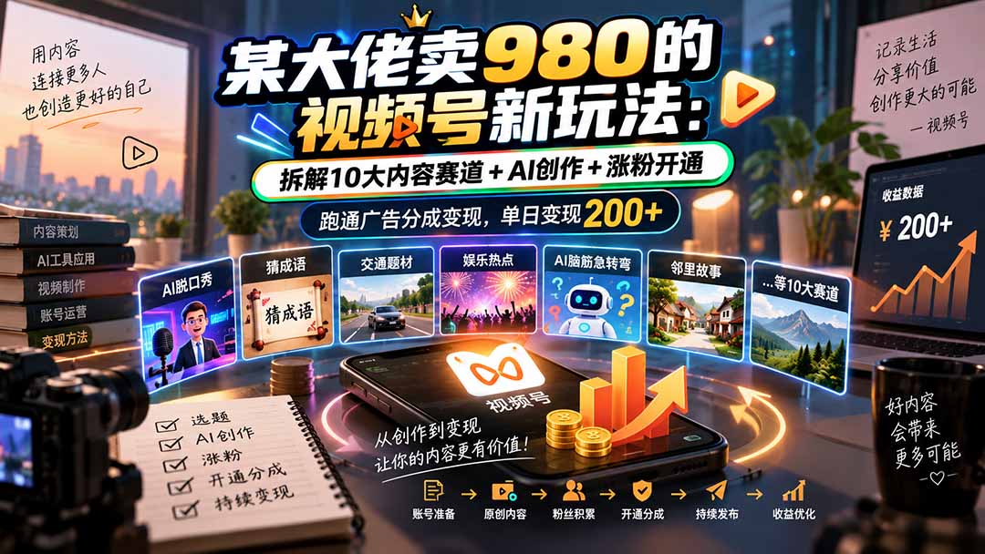 （20573期）某大佬卖980的视频号新玩法：拆解10大内容赛道+AI创作+涨粉开通，跑通广告分成变现，单日变现200+-知创网