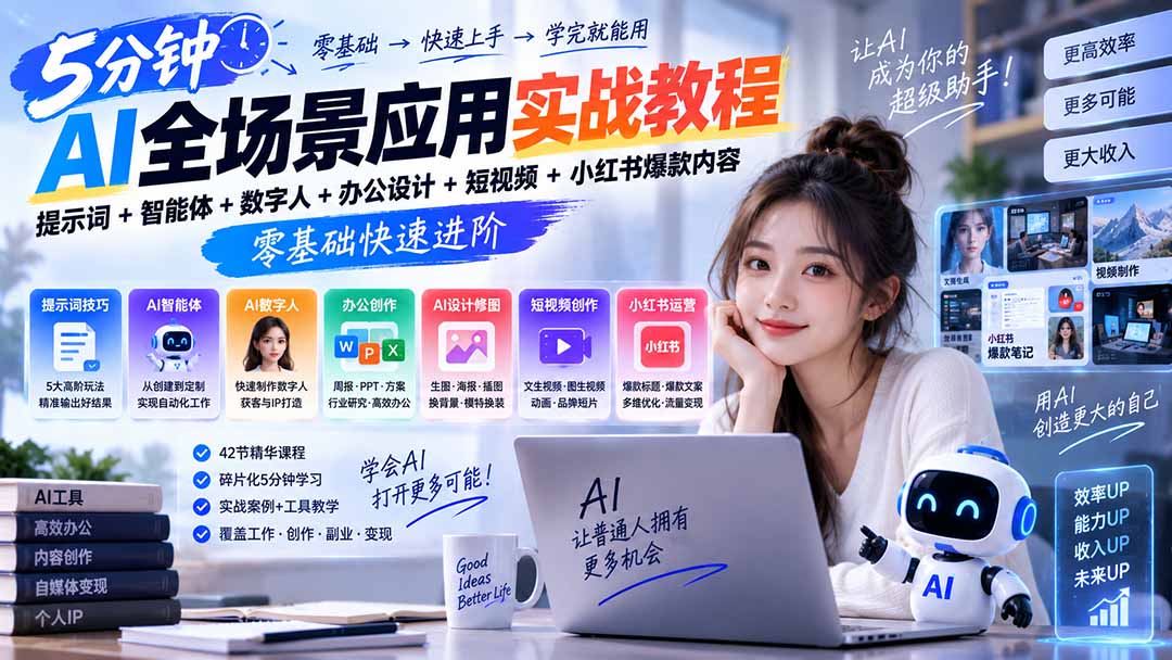 （20493期）AI全场景应用实战教程｜提示词+智能体+数字人+办公设计+短视频+小红书爆款内容，零基础快速进阶-知创网