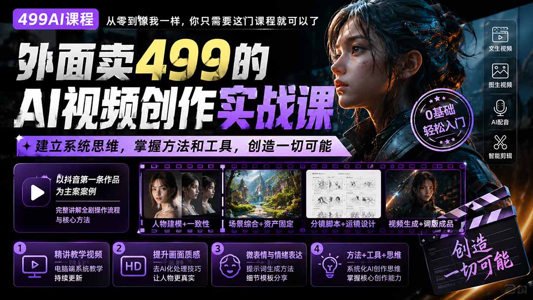 (20307期)外面卖499的AI视频创作实战课:建立系统思维,掌握方法和工具,创造一切可能。-知创网