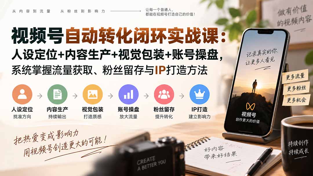 (20327期)视频号自动转化闭环实战课:人设定位+内容生产+视觉包装+账号操盘,系统掌握流量获取、粉丝留存与IP打造方法-知创网