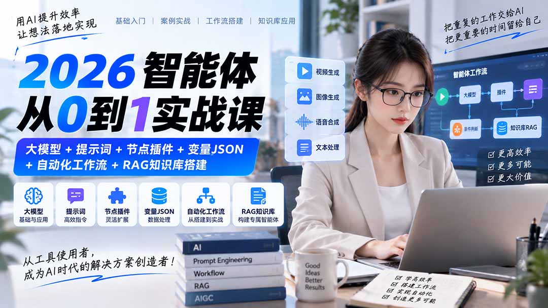 (20546期)2026智能体从0到1实战课|大模型+提示词+节点插件+变量JSON+自动化工作流+RAG知识库搭建-知创网