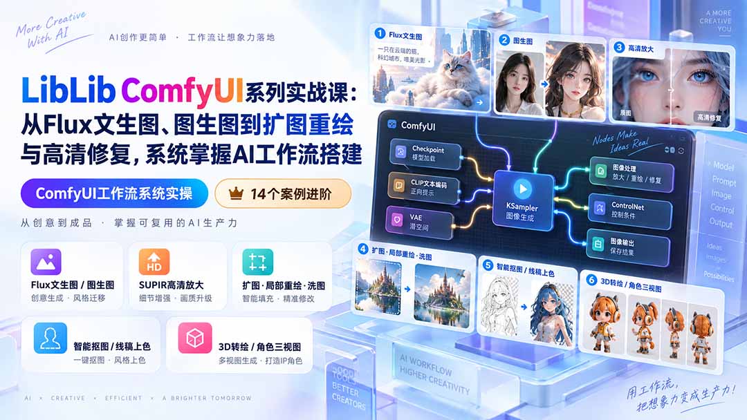 (20368期)LibLib ComfyUI系列实战课:从Flux文生图、图生图到扩图重绘与高清修复,系统掌握AI工作流搭建-知创网