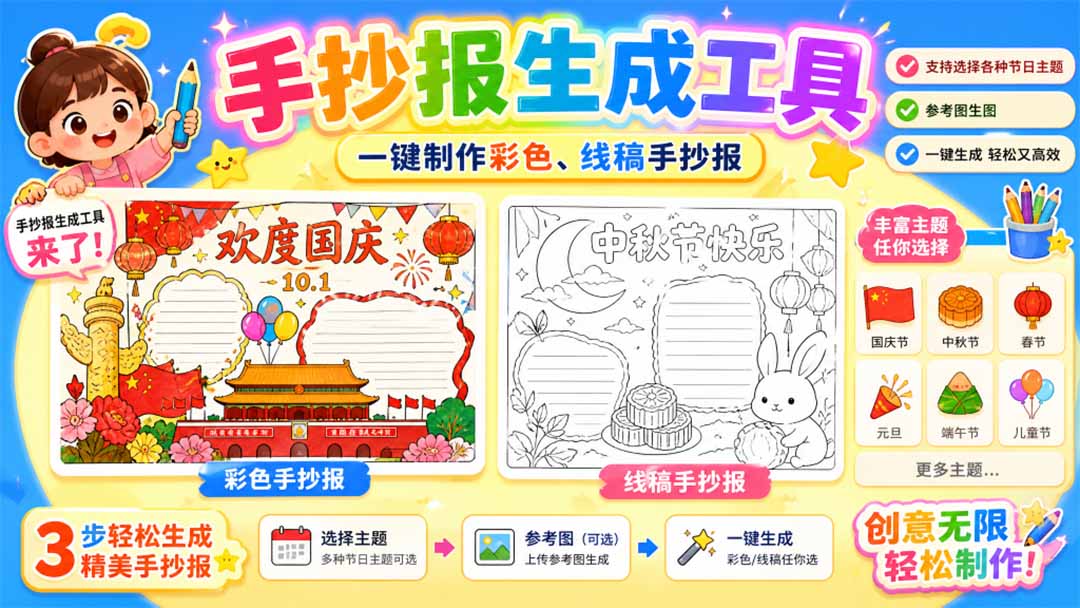 (20265期)手抄报批量生成工具来了,完全免费,告别豆包生图,这个高清无水印-知创网