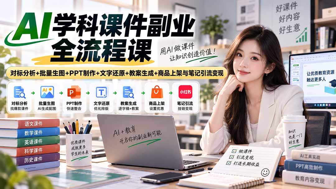 （20469期）AI学科课件副业全流程课｜对标分析+批量生图+PPT制作+文字还原+教案生成+商品上架与笔记引流变现-知创网
