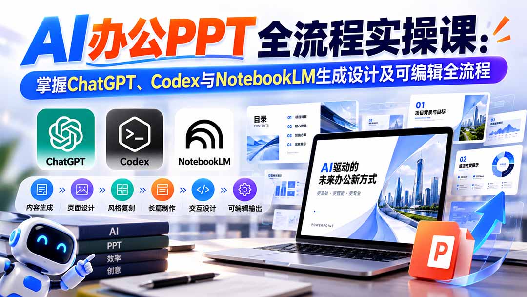 （20660期）【无水印】AI办公PPT全流程实操课： 掌握ChatGPT、Codex与NotebookLM生成设计及可编辑全流程-知创网