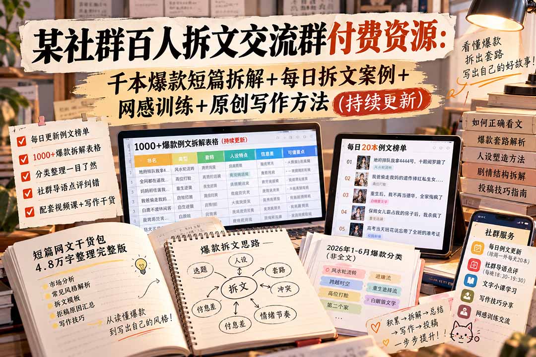 （20635期）某社群百人拆文交流群付费资源：千本爆款短篇拆解+每日拆文案例+网感训练+原创写作方法 (持续更新)-知创网