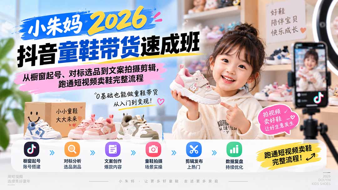 （20267期）小朱妈2026抖音童鞋带货速成班：从橱窗起号、对标选品到文案拍摄剪辑，跑通短视频卖鞋完整流程-知创网