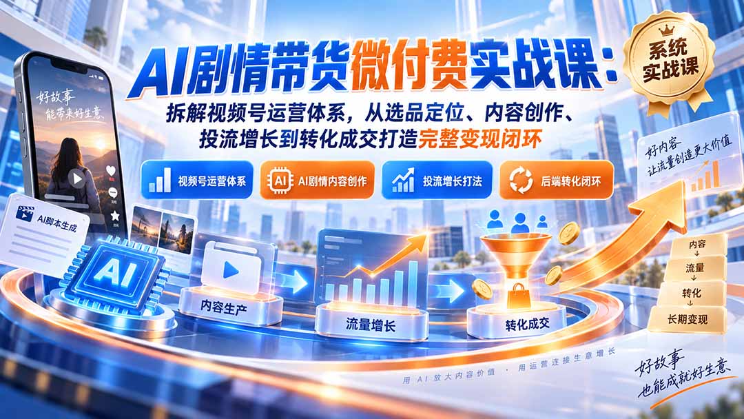 (20611期)AI剧情带货微付费实战课:拆解视频号运营体系,从选品定位、内容创作、投流增长到转化成交打造完整变现闭环-知创网