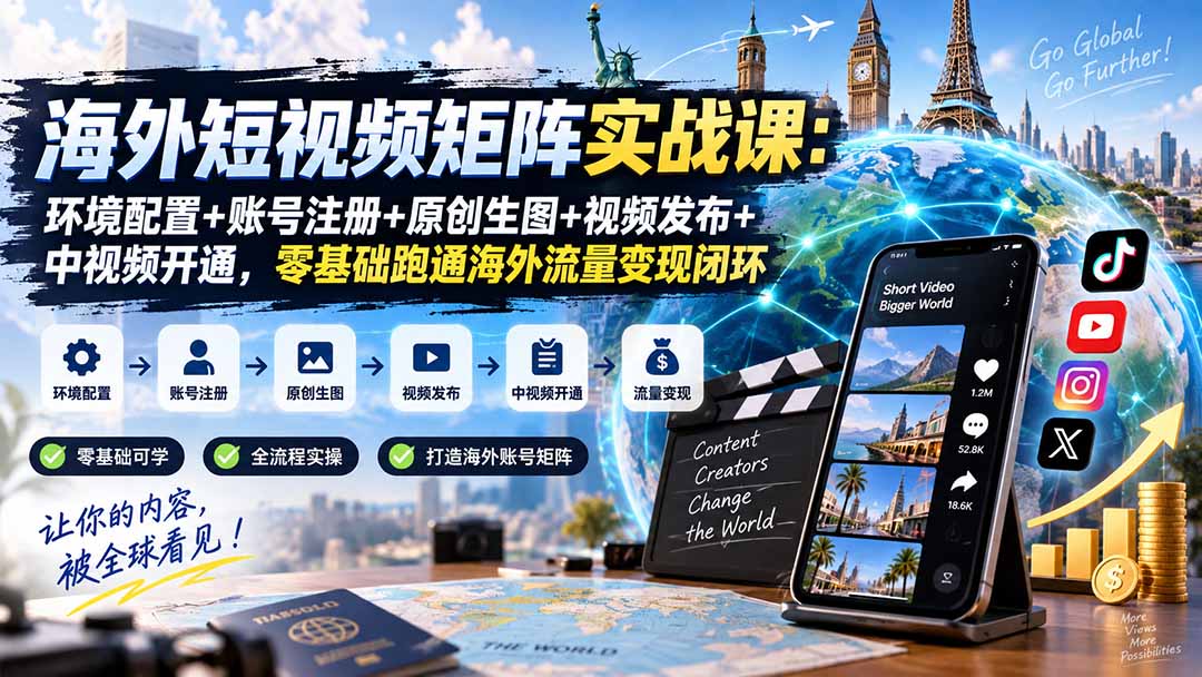 （20470期）海外短视频矩阵实战课：环境配置+账号注册+原创生图+视频发布+中视频开通，零基础跑通海外流量变现闭环-知创网