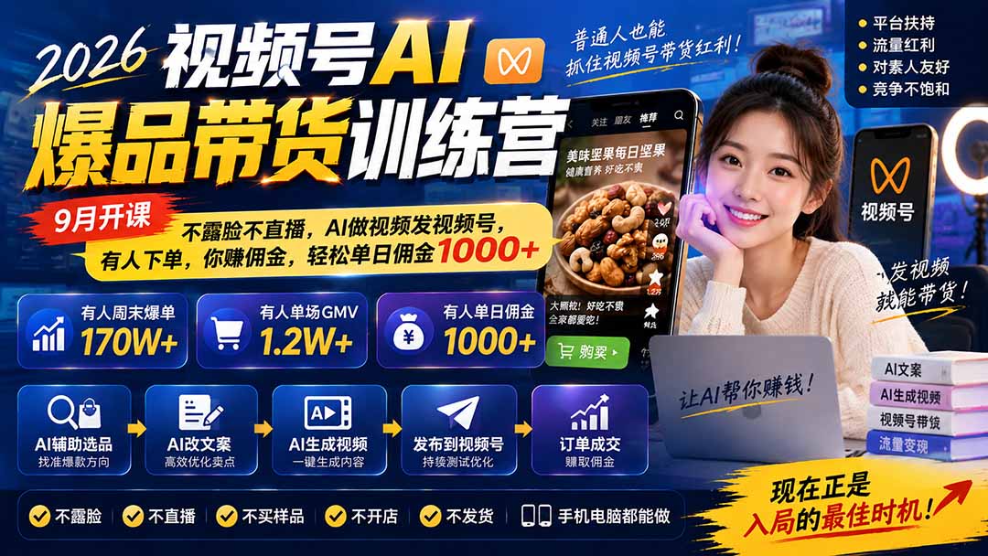 （20537期）2026视频号AI爆品带货训练营-9月开课｜不露脸不直播，AI做视频发视频号，有人下单，你赚佣金，轻松单日佣金1000+-知创网