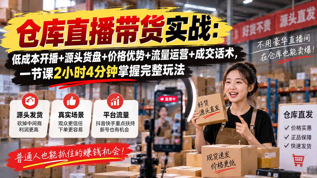 （20471期）仓库直播带货实战：低成本开播+源头货盘+价格优势+流量运营+成交话术，一节课2小时4分钟掌握完整玩法-知创网