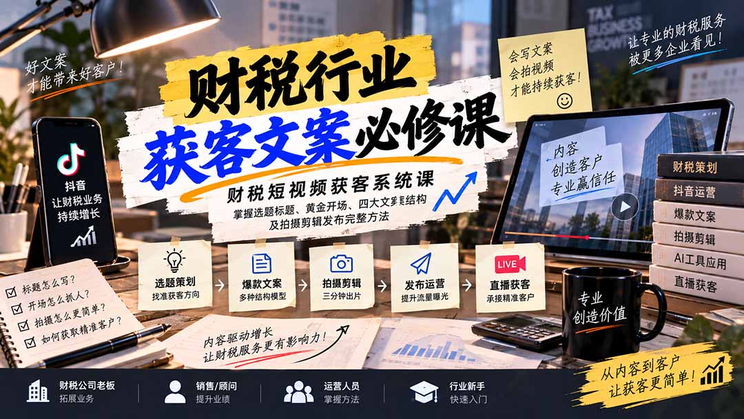 (20591期)财税短视频获客系统课:掌握选题标题、黄金开场、四大文案结构及拍摄剪辑发布完整方法-知创网