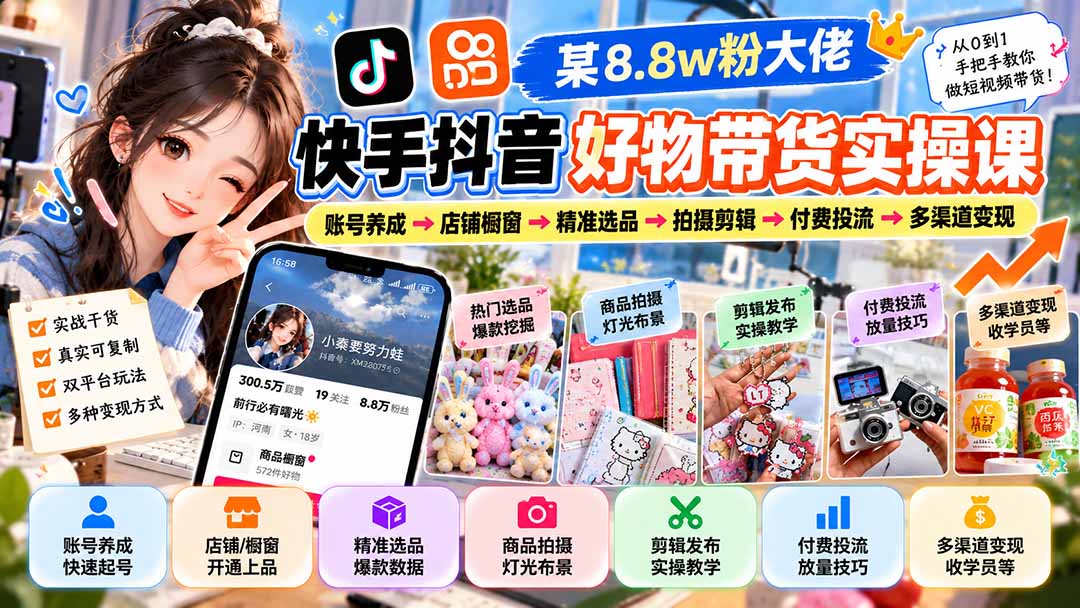 （20733期）某8.8w粉大佬快手抖音好物带货实操课：账号养成→店铺橱窗→精准选品→拍摄剪辑→付费投流→多渠道变现-知创网