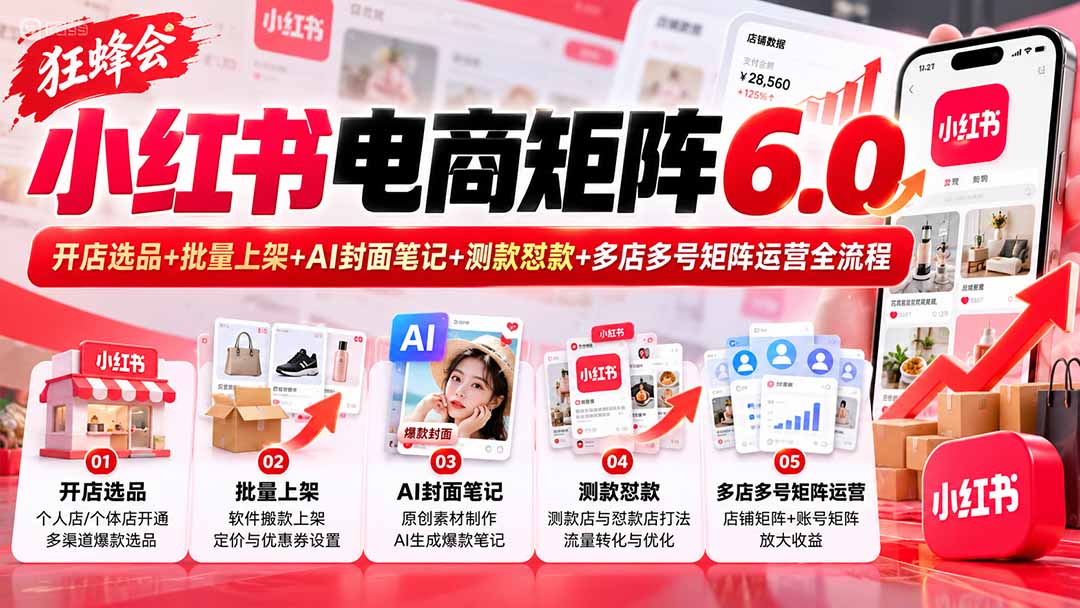 （20732期）【无水印】狂蜂会小红书电商矩阵6.0：开店选品+批量上架+AI封面笔记+测款怼款+多店多号矩阵运营全流程-知创网