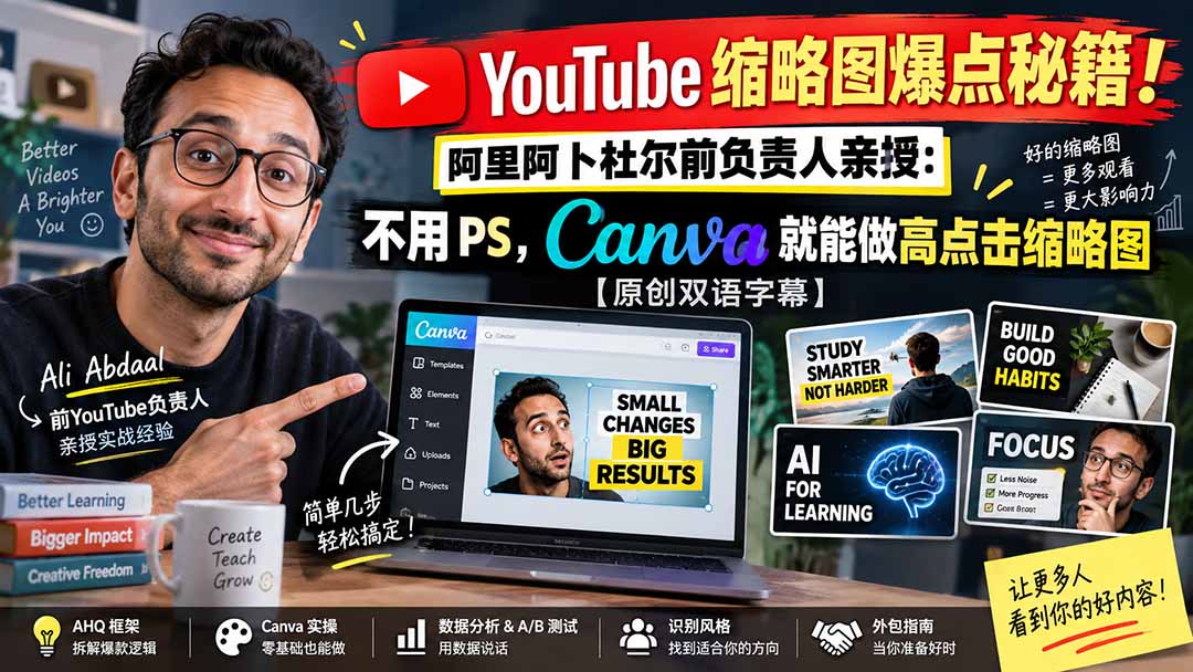 (20474期)YouTube 缩略图爆点秘籍!阿里阿卜杜尔前负责人亲授:不用 PS,Canva 就能做高点击缩略图【原创双语字幕】-知创网