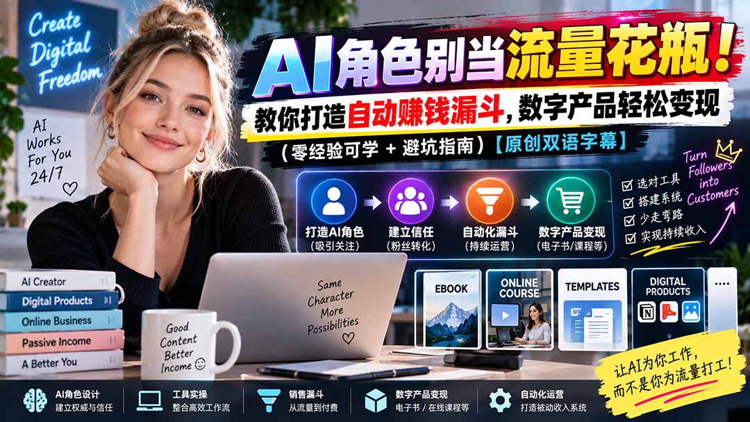 (20475期)AI角色别当流量花瓶!教你打造自动赚钱漏斗,数字产品轻松变现(零经验可学+避坑指南)【原创双语字幕】-知创网